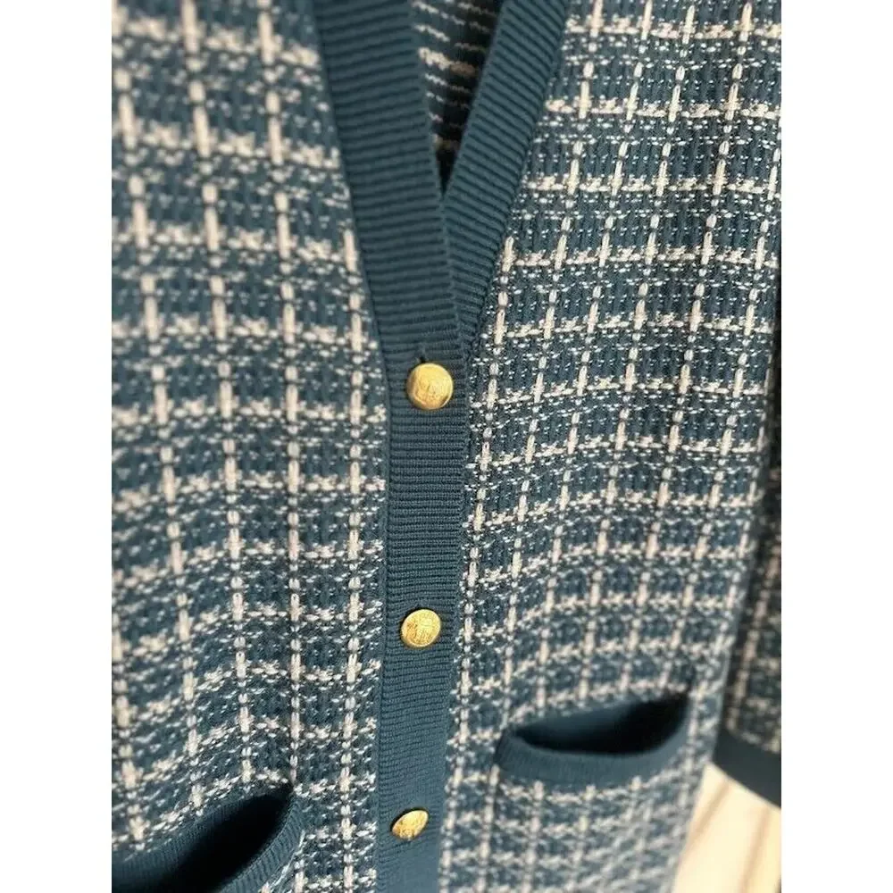 Talbots 100% Merino Wool Long Cardigan Blue Plaid Size M Gold Button Pockets